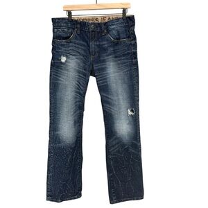 Express Men’s Rocco Low Rise Boot Cut Jeans in Distressed Dark Blue 33x32